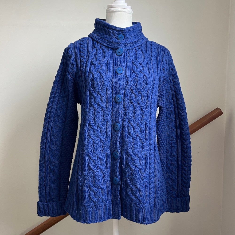 Aran Crafts Cardigan Sweater Size S Blue Merino Wool Cable Knit Mock Neck Irish